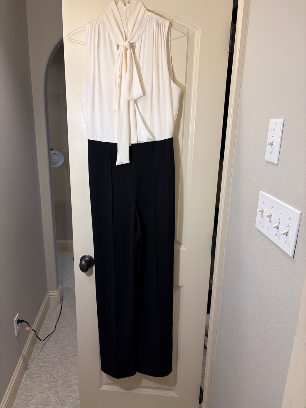 White House Black Market Black & White Tie-Neck Sleeveless Jumpsuit